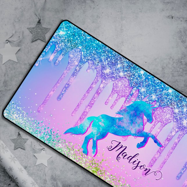 Elegant Turquoise Unicorn Glitter Drips monogram Desk Mat (Creator Uploaded)