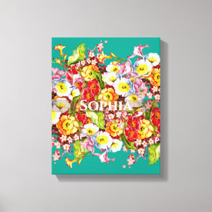 Elegant Turquoise Vintage Floral Personalised Name Canvas Print
