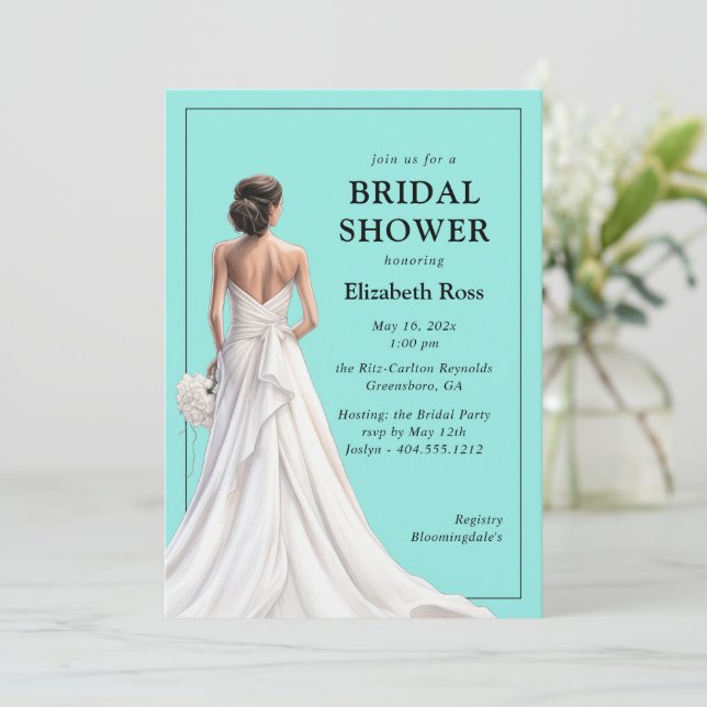 Elegant Turquoise Wedding Gown Bridal Shower Invitation (Standing Front)
