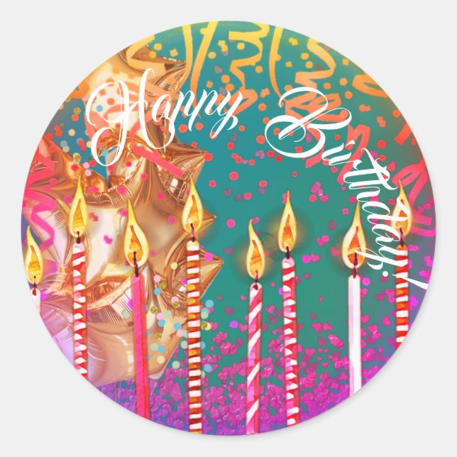 Elegant turquoise with candles Happy Birthday Classic Round Sticker (Front)