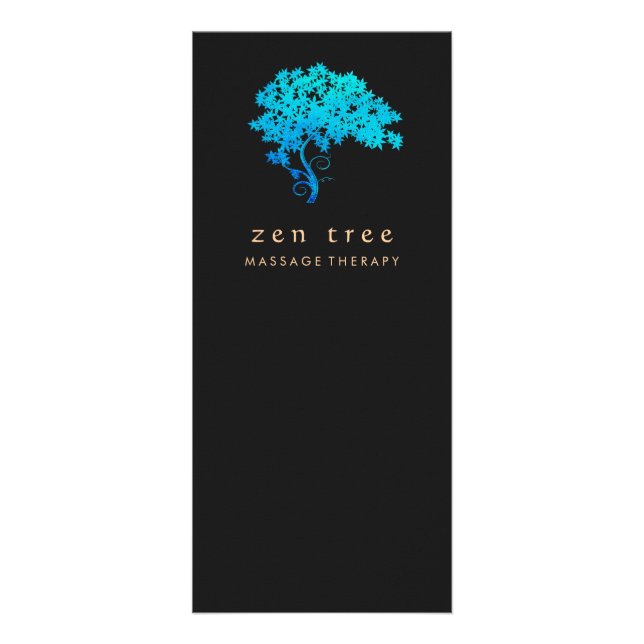 Elegant Turquoise Zen Tree Logo Black Rack Card (Front)