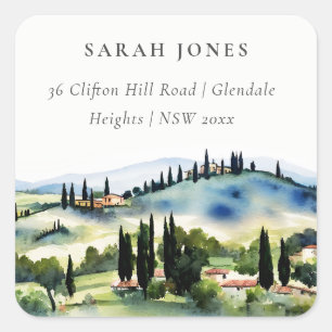 Elegant Tuscany Italy Watercolor Landscape Address Square Sticker