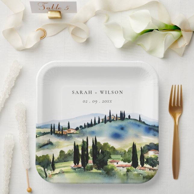 Elegant Tuscany Italy Watercolor Landscape Wedding Paper Plate (Wedding)