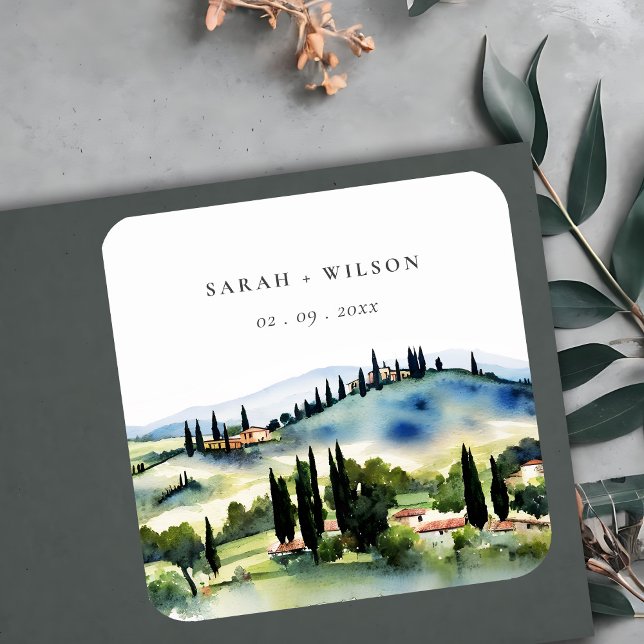 Elegant Tuscany Italy Watercolor Landscape Wedding Square Paper Coaster (Creator Uploaded)
