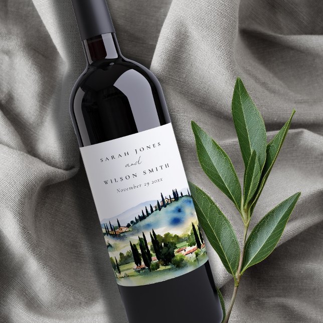 Elegant Tuscany Italy Watercolor Landscape Wedding Wine Label (Creator Uploaded)