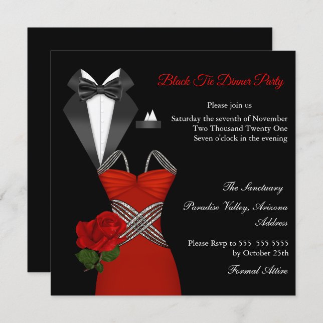 Elegant Tux Red Rose Black Tie Dress Dinner Party Invitation (Front/Back)