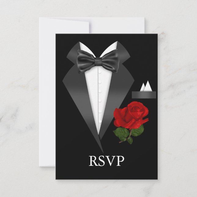 Elegant Tux & Rose Black Tie Party RSVP Card (Front)