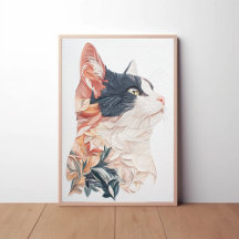 Elegant Tuxedo Cat with Leaf Motif – Paper Art