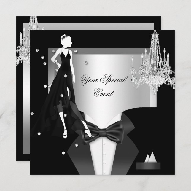 Elegant Tuxedo Gown Silver White Black Party Invitation (Front/Back)