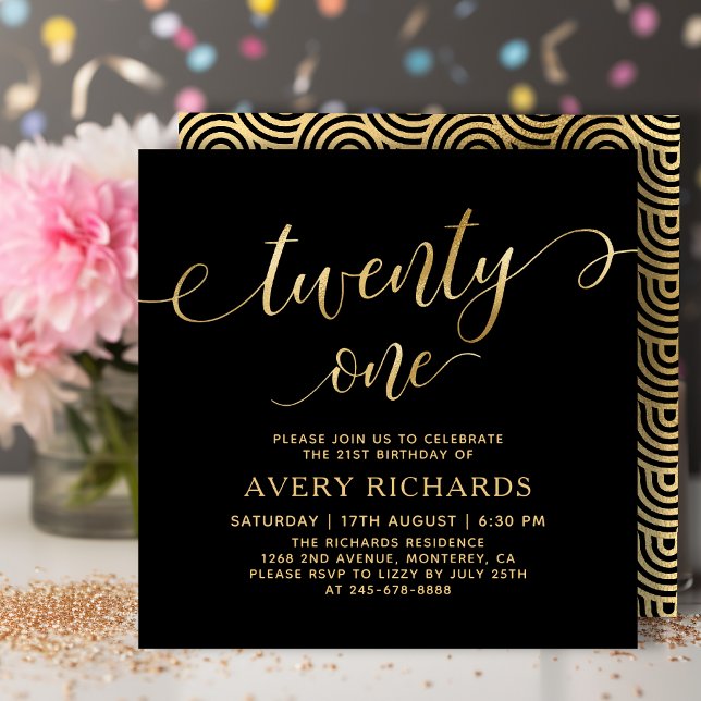 Elegant Twenty One Gold Script Black 21st Birthday Invitation (Creator Uploaded)