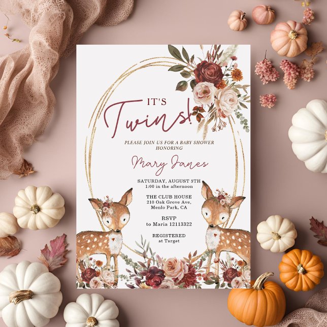 Elegant Twin Deer Marsala Flower Baby Shower Invitation (Creator Uploaded)