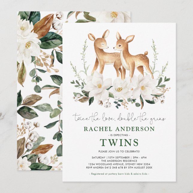 Elegant Twin Deer White Flower Baby Shower Invitation (Front/Back)