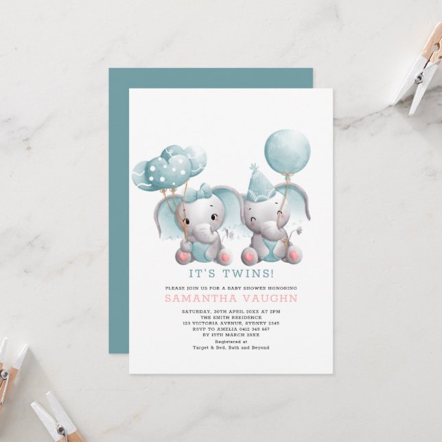 Elegant Twin Elephant Baby Shower Invitation (Front/Back In Situ)