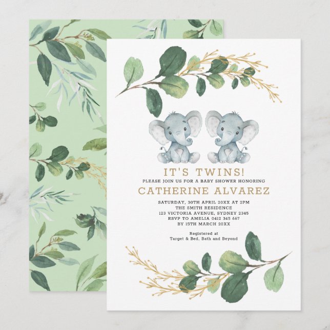 Elegant Twin Elephant Soft Greenery Baby Shower Invitation (Front/Back)