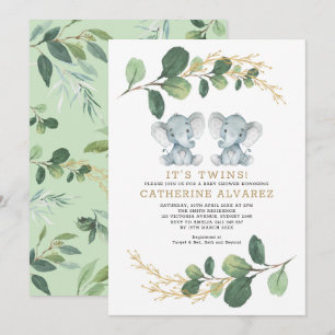 Elegant Twin Elephant Soft Greenery Baby Shower Invitation