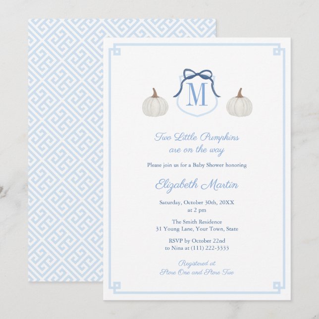 Elegant Twin Pumpkins On The Way Boy Baby Shower Invitation (Front/Back)