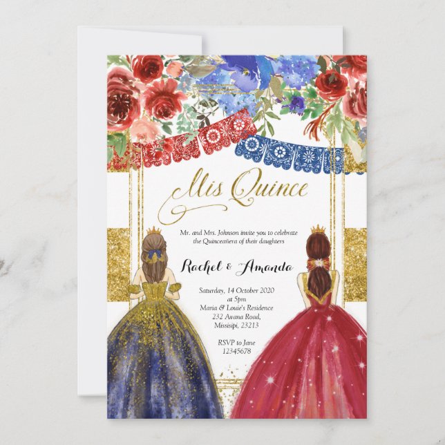 Elegant Twin Quinceañera Invitation Floral Gold (Front)