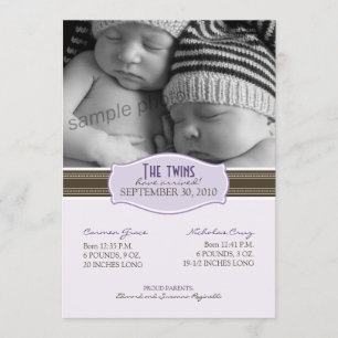 Elegant Twins Birth Announcement: Lavender Announcement