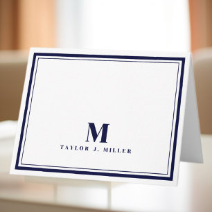 Elegant Two Border Monogram Chic Navy Blue Note Card