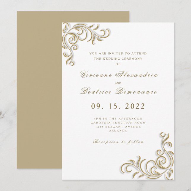 Elegant two brides gold scroll wedding invitation (Front/Back)