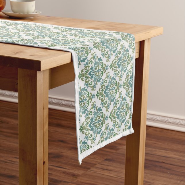 Elegant Two Colour Decorative Damask Pattern Short Table Runner (In Situ)