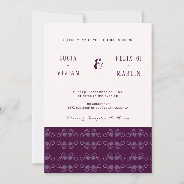 Elegant Two Colour Paisley Violet Rustic Wedding Invitation (Front)