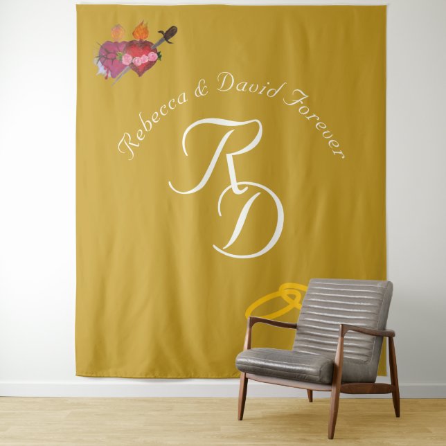 Elegant Two Hearts Catholic Monogrammed Wedding Tapestry (In Situ)