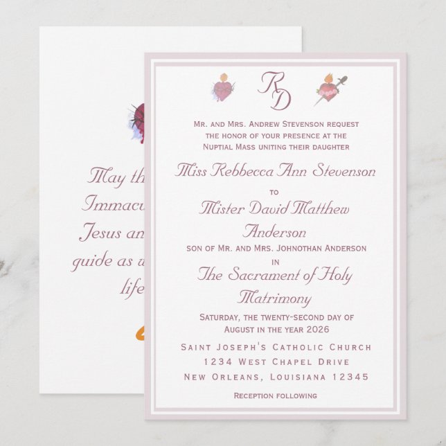 Elegant Two Hearts Catholic Wedding Invitation (Front/Back)