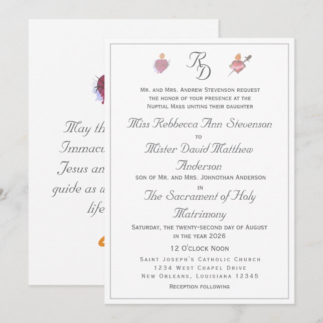 Elegant Two Hearts Catholic Wedding Invitation (Front/Back)