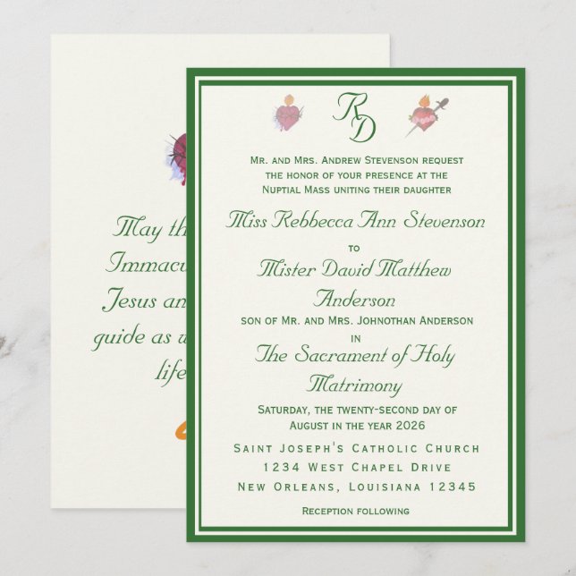 Elegant Two Hearts Catholic Wedding Invitation (Front/Back)