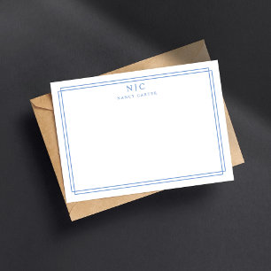 Elegant Two Monogram Light Blue Geometric Border Card