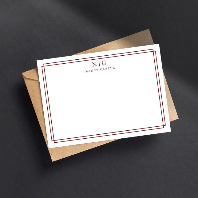 Elegant Two Monogram Maroon Red Geometric Border  Card (Creator Uploaded)