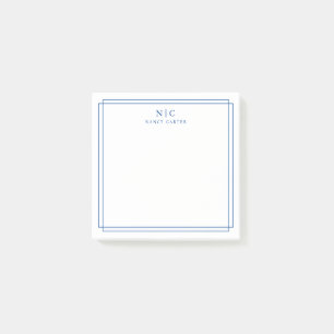 Elegant Two Monogram Navy Blue Geometric Border  Post-it Notes