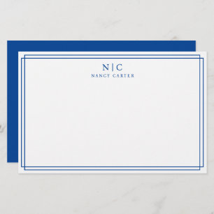 Elegant Two Monogram Navy Blue Geometric Border  Stationery