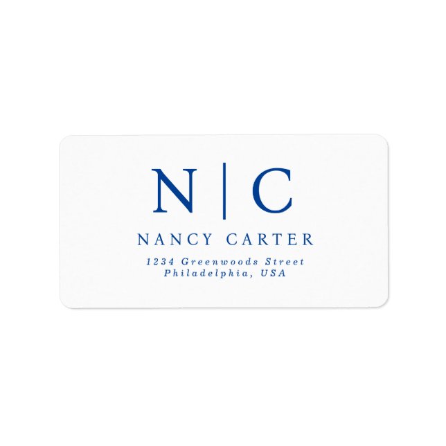 Elegant Two Monogram Navy Blue Return Address Label (Front)