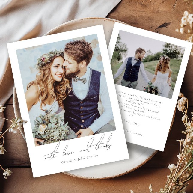 Elegant Two Photo Script Minimalist Wedding Thank You Card (Creator Uploaded)