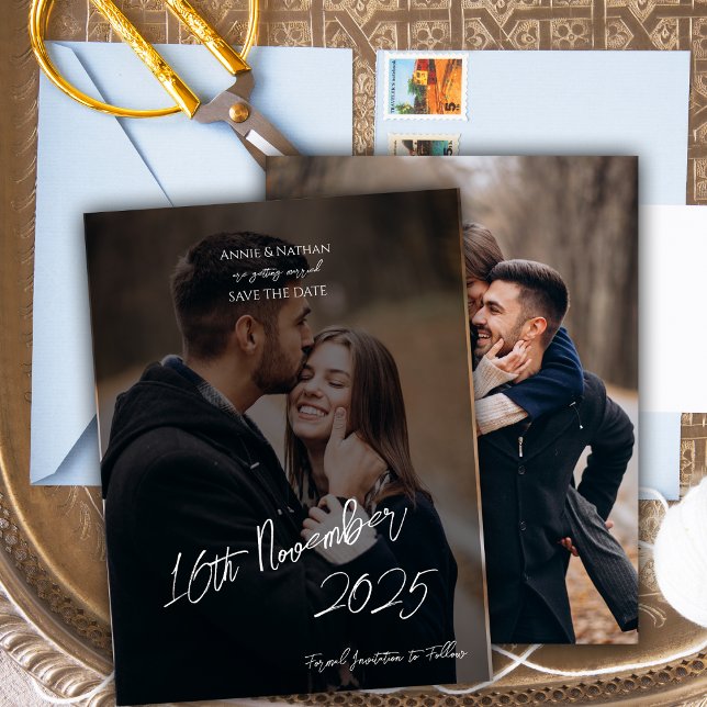 Elegant Two Photo Script Wedding Save the Date Announcement Postcard (Elegant Two Photo Script Wedding Save the Date Announcement Postcard)