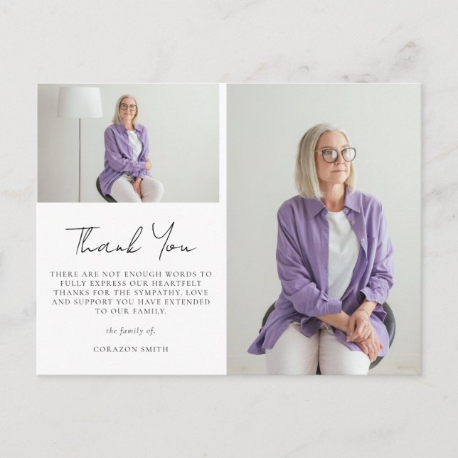 Elegant Two Photo Sympathy Funeral Thank You Postcard (Front)