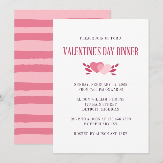 Elegant Two Pink Hearts Valentine Dinner Party Invitation (Front/Back)