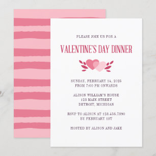 Elegant Two Pink Hearts Valentine Dinner Party Invitation