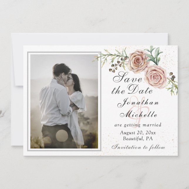 Elegant Two Pink Roses Photo Inspirational Wedding Save The Date (Front)