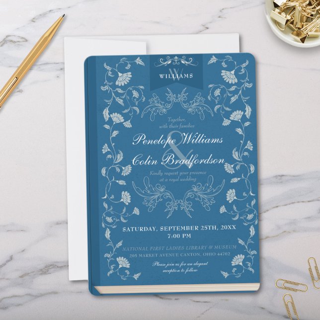 Elegant Two Tone Blue Floral Book Cover Wedding Invitation (Elegant Teal Blue Library Book Cover Wedding Invitation with Monogram and Formal Calligraphy Script)
