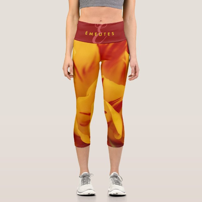 Elegant Two-Tone Red Gold Monsella Tulip Capri Leggings (Front)