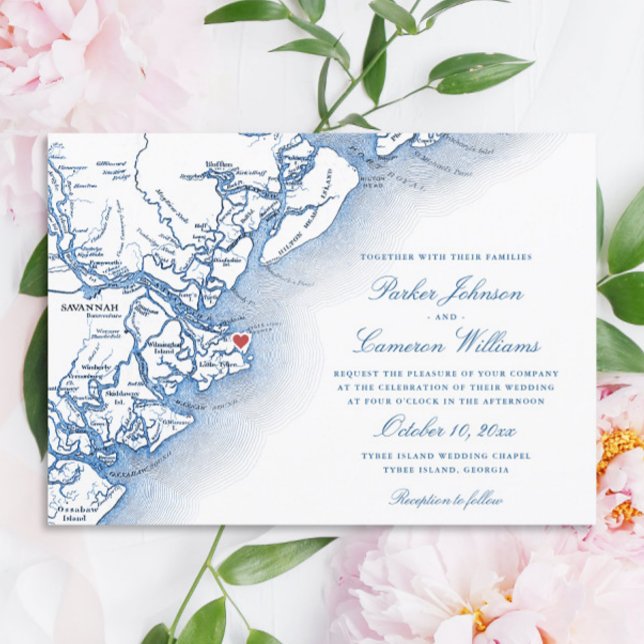 Elegant Tybee Island Georgia Map Navy Blue Wedding Invitation (Elegant Tybee Island Georgia Wedding Invitation with navy blue map from Coastal Map Designs)