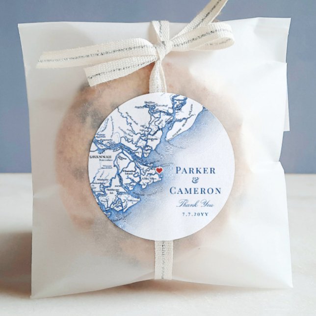 Elegant Tybee Island Georgia Map Wedding Favour Classic Round Sticker (Elegant Tybee Island Georgia Wedding Favor Sticker Label with navy blue map from Coastal Map Designs)