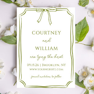 Elegant Tying the Knot Hand-Drawn Bow Olive Green Save The Date