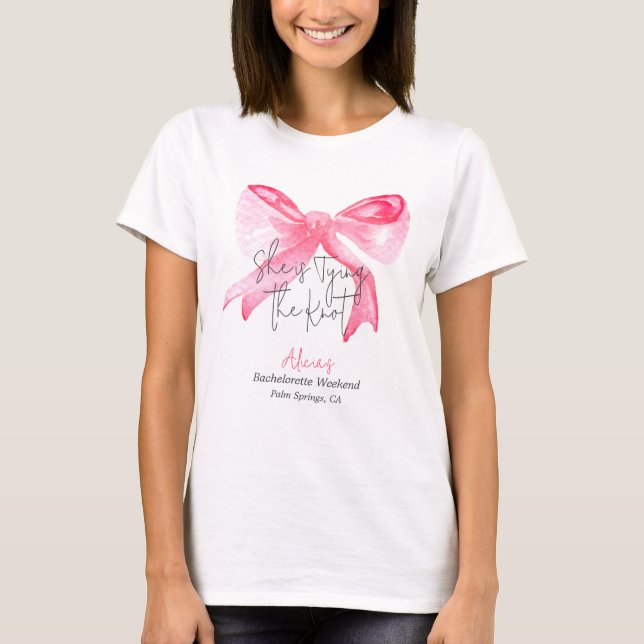 Elegant Tying the Knot Pink Bow Bachelorette Party T-Shirt (Front)
