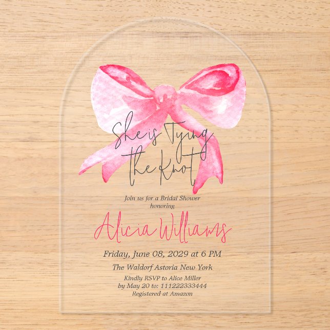 Elegant Tying the Knot Pink Bow Bridal Shower Acrylic Invitations (Front)