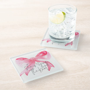 Elegant Tying the Knot Pink Bow Bridal Shower Glass Coaster
