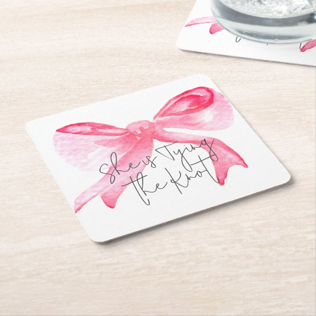 Elegant Tying the Knot Pink Bow Bridal Shower Square Paper Coaster (Angled)